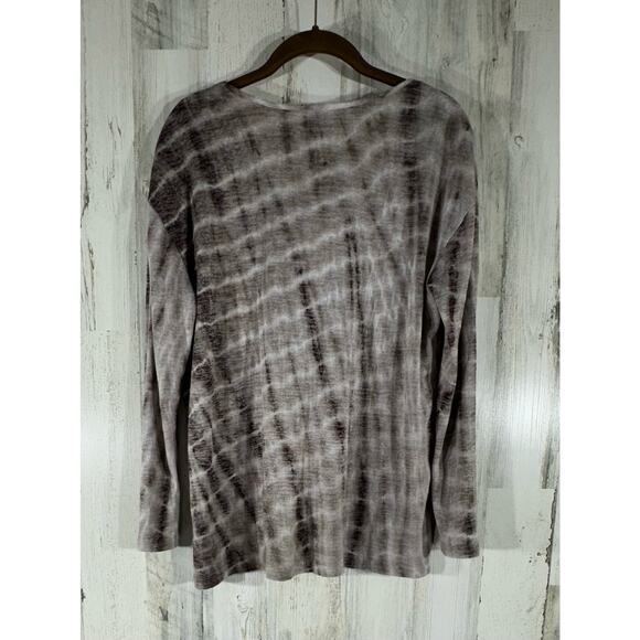 JodiFL Womens Shirt Blouse Sz Small Semi Sheer Brown Cream Tie Dye Lace Up Neck - Picture 2 of 10
